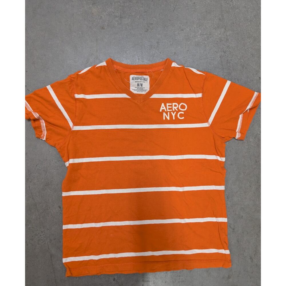 Aeropostale Men's Orange White Striped V-Neck T-Shirt Aero NYC Logo Size Medium